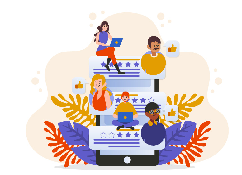 Ilustración hombres y mujeres, algunos sosteniendo computadores