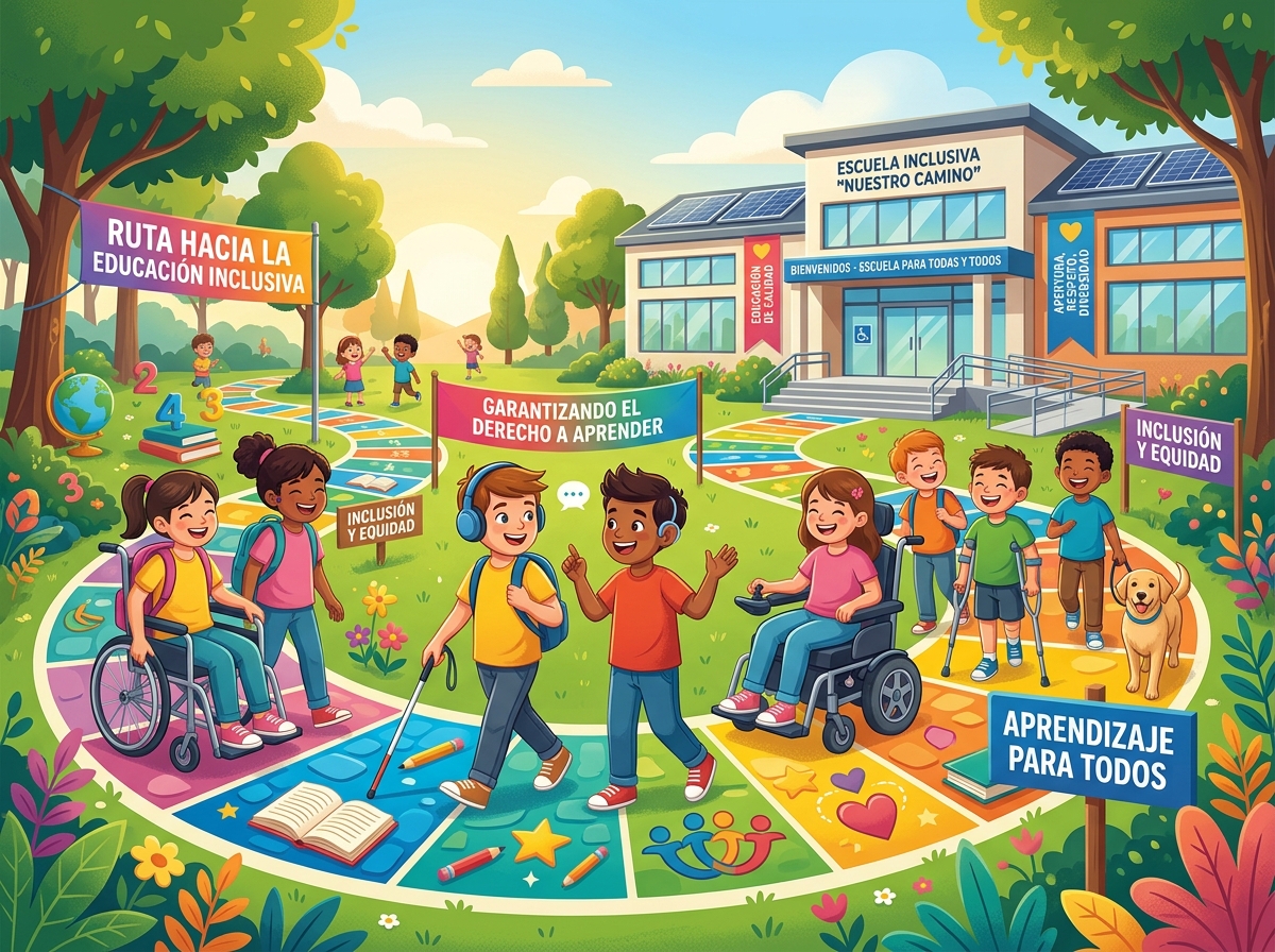 Ilustración de niños con y sin discapacidad caminando juntos hacia la Escuela Inclusiva "Nuestro Camino". Un camino de colores guía el paso, acompañado de carteles que dicen "Ruta hacia la Educación Inclusiva", "Garantizando el Derecho a Aprender" y "Aprendizaje para Todos".