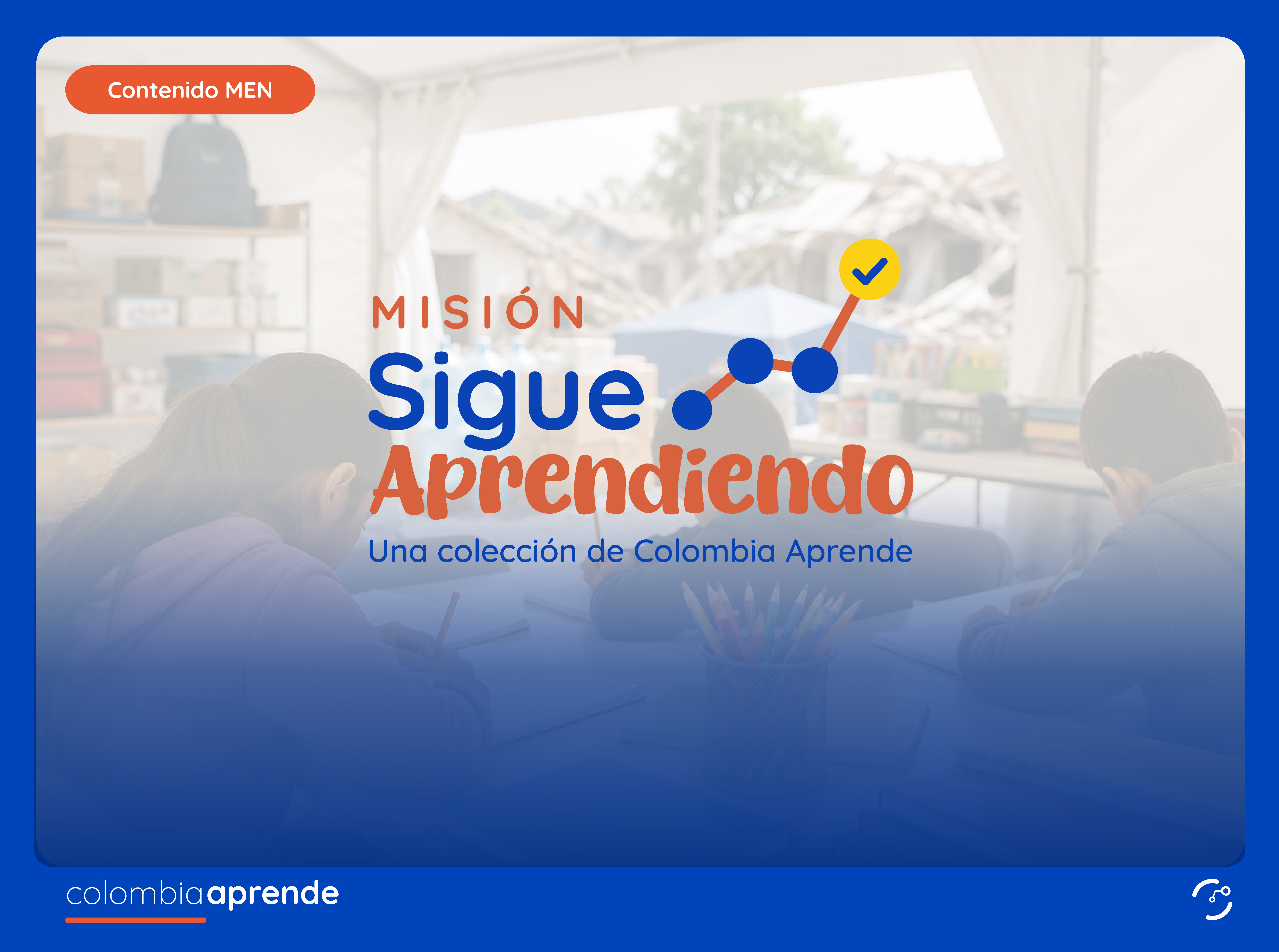 Tres niños estudiando, logo misión sigue aprendiendo