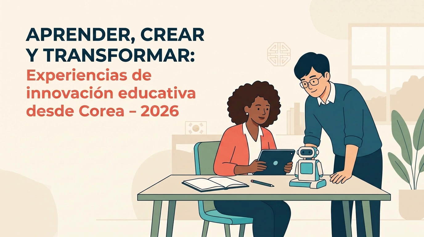 Ilustración plana de dos educadores (una mujer afro y un hombre coreano con gafas) colaborando en una mesa con una tableta y un pequeño robot. Título arriba: "APRENDER, CREAR Y TRANSFORMAR: Experiencias de innovación educativa desde Corea - 2026". Aula con ventana y planta al fondo.