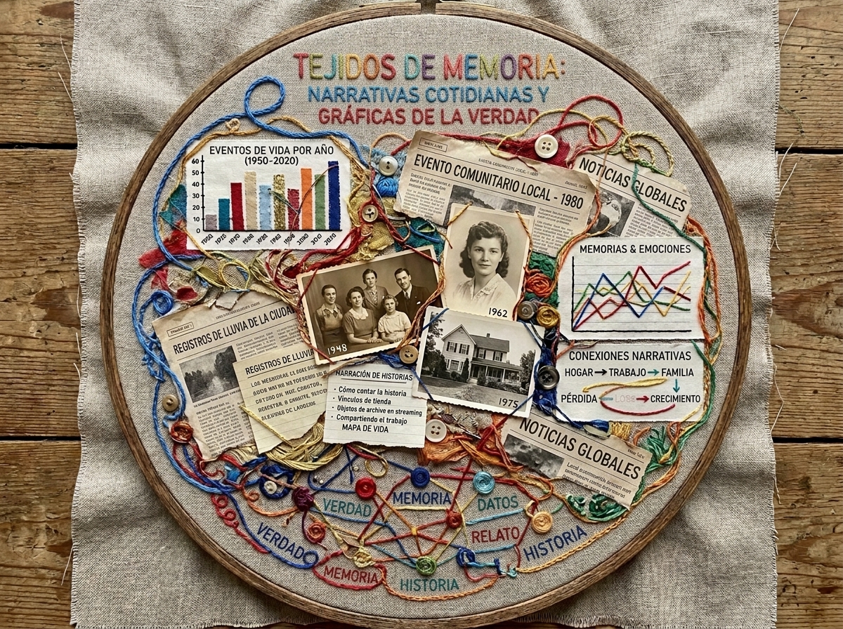 Un collage de bordado circular multimedia. El texto superior dice 'TEJIDOS DE MEMORIA'. Incluye fotos en blanco y negro, recortes de periódicos bordados y gráficos con hilos de colores. Abajo, hilos conectan las palabras 'VERDAD', 'MEMORIA', 'RELATO', 'DATOS' e 'HISTORIA'