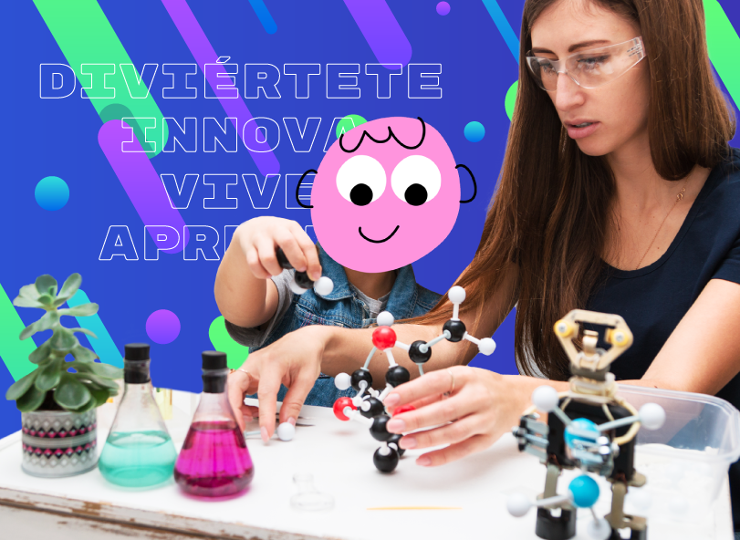 Joven haciendo experimento junto a niño con ilustración de carita feliz - STEM+