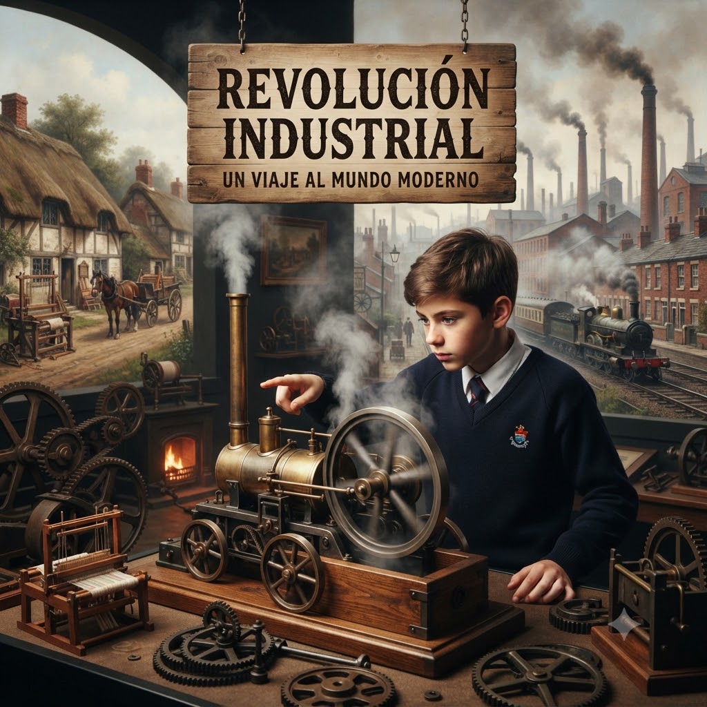 Ilustración realista y detallada. Un estudiante de uniforme señala una máquina de vapor en funcionamiento, rodeado de engranajes y modelos. El fondo contrasta una aldea rural tradicional a la izquierda con un paisaje industrial lleno de fábricas y trenes a la derecha. Un cartel colgante de madera lee "REVOLUCIÓN INDUSTRIAL".