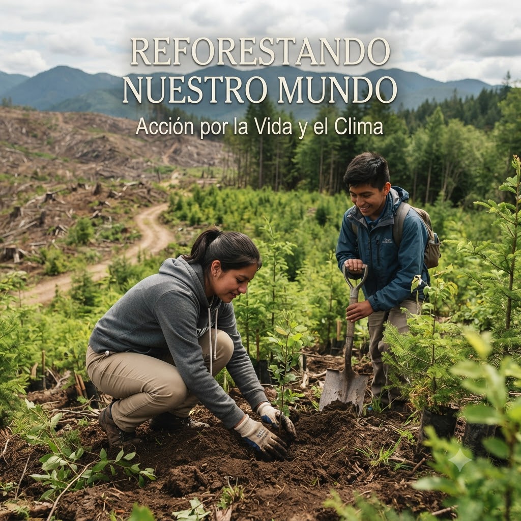 Dos jóvenes plantan un árbol en una zona reforestada con montañas y un área deforestada al fondo. Texto superpuesto dice: REFORESTANDO NUESTRO MUNDO y Acción por la Vida y el Clima. Estilo fotográfico, iluminación natural y formato cuadrado.