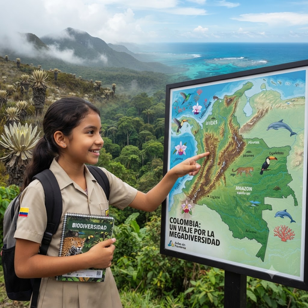 Una niña sonriente con uniforme escolar señala en un mapa geográfico nacional. De fondo se aprecia un paisaje natural que combina páramos, selva y mar Caribe.