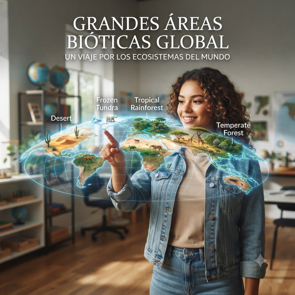 Ilustración realista. En un aula, una joven sonriente interactúa con un globo terráqueo holográfico que muestra relieves y fauna de biomas específicos: desierto, tundra, selva tropical y bosque templado. Arriba, el título en español: GRANDES ÁREAS BIÓTICAS GLOBAL. Texto descriptivo debajo: UN VIAJE POR LOS ECOSISTEMAS DEL MUNDO. Elementos educativos en estanterías al fondo. Fondo desenfocado.