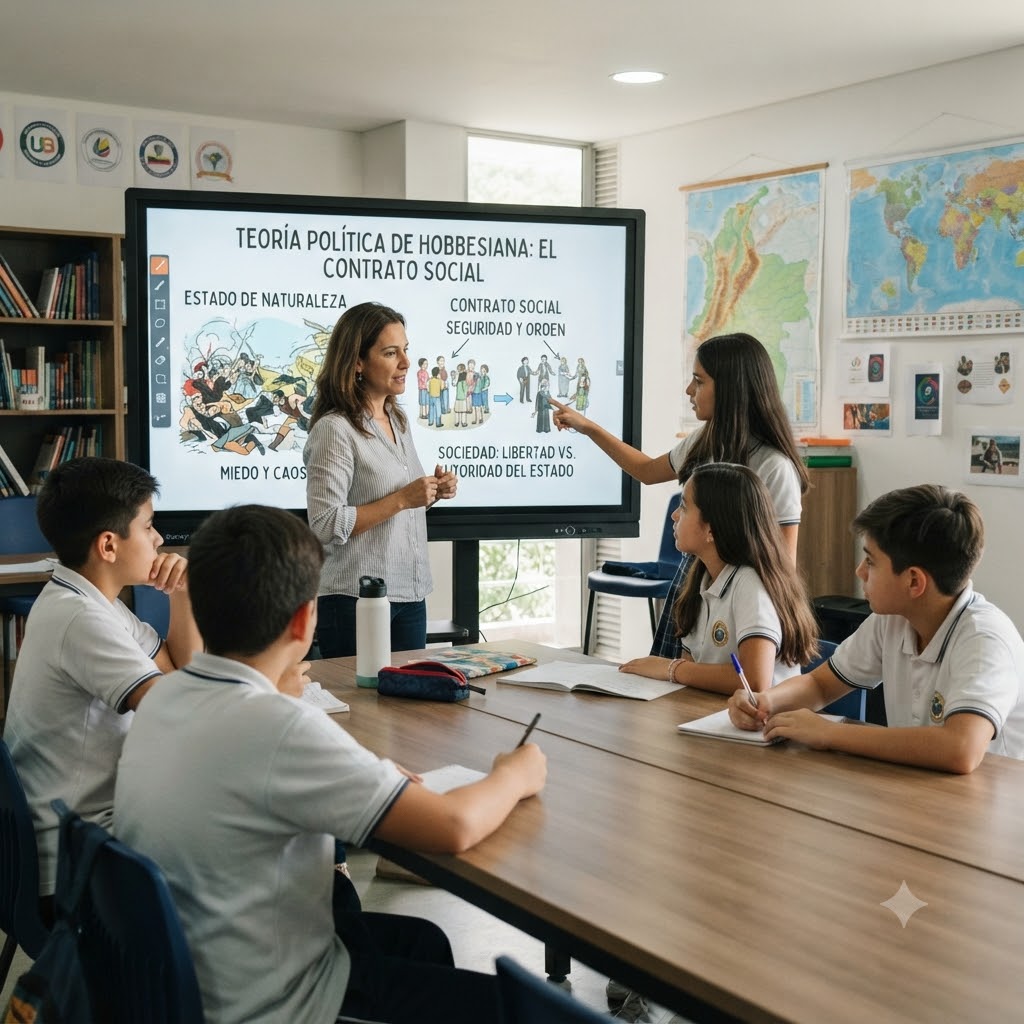 Una profesora y cuatro estudiantes en una mesa de aula debaten frente a una pizarra digital. La pantalla muestra el diagrama "Teoría Política de Hobbesiana: El Contrato Social", ilustrando el contraste entre "Estado de Naturaleza (miedo y caos)" y "Contrato Social (seguridad y orden)".