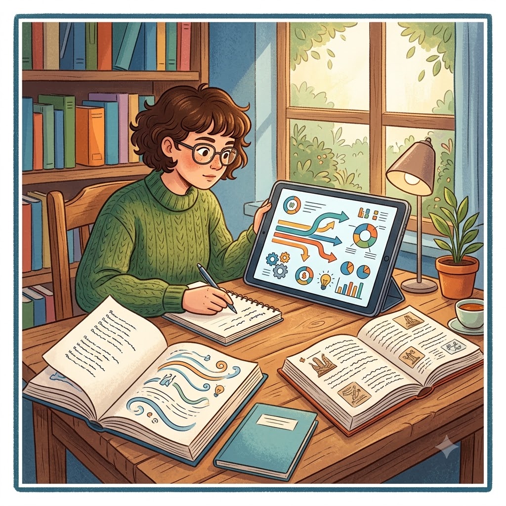 Ilustración de una persona estudiando. Toma notas en un cuaderno mientras analiza infografías en una tableta. En su escritorio de madera hay dos libros abiertos mostrando distintos formatos de texto, una taza, una lámpara y una planta. Fondo con biblioteca y ventana iluminada.