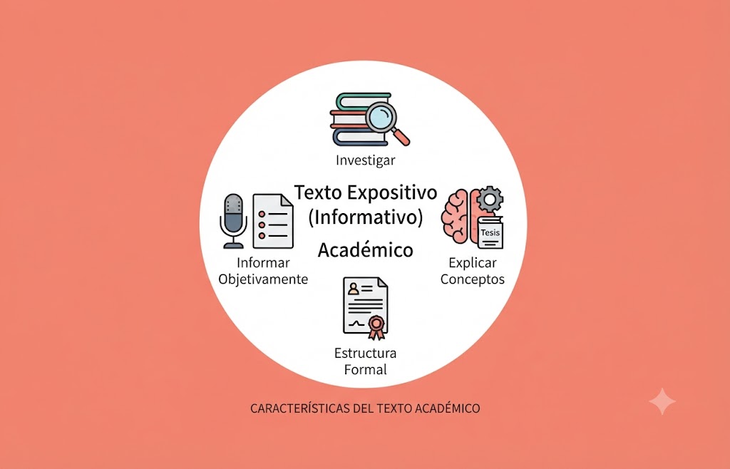 Imagen cuadrada en tonos cálidos. Al centro, un círculo blanco con íconos vectoriales sobre el texto académico: libros con lupa, un cerebro con engranaje, una hoja con micrófono y un documento con sello.