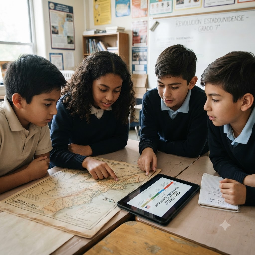 Cuatro estudiantes de séptimo grado en un salón de clases. Dos niñas y dos niños uniformados están inclinados sobre un mapa antiguo de las Trece Colonias desplegado sobre una mesa de madera. Una tableta digital y un cuaderno de notas abierto están junto al mapa. Al fondo se ve un pizarrón con la inscripción "REVOLUCIÓN ESTADOUNIDENSE - GRADO 7°".