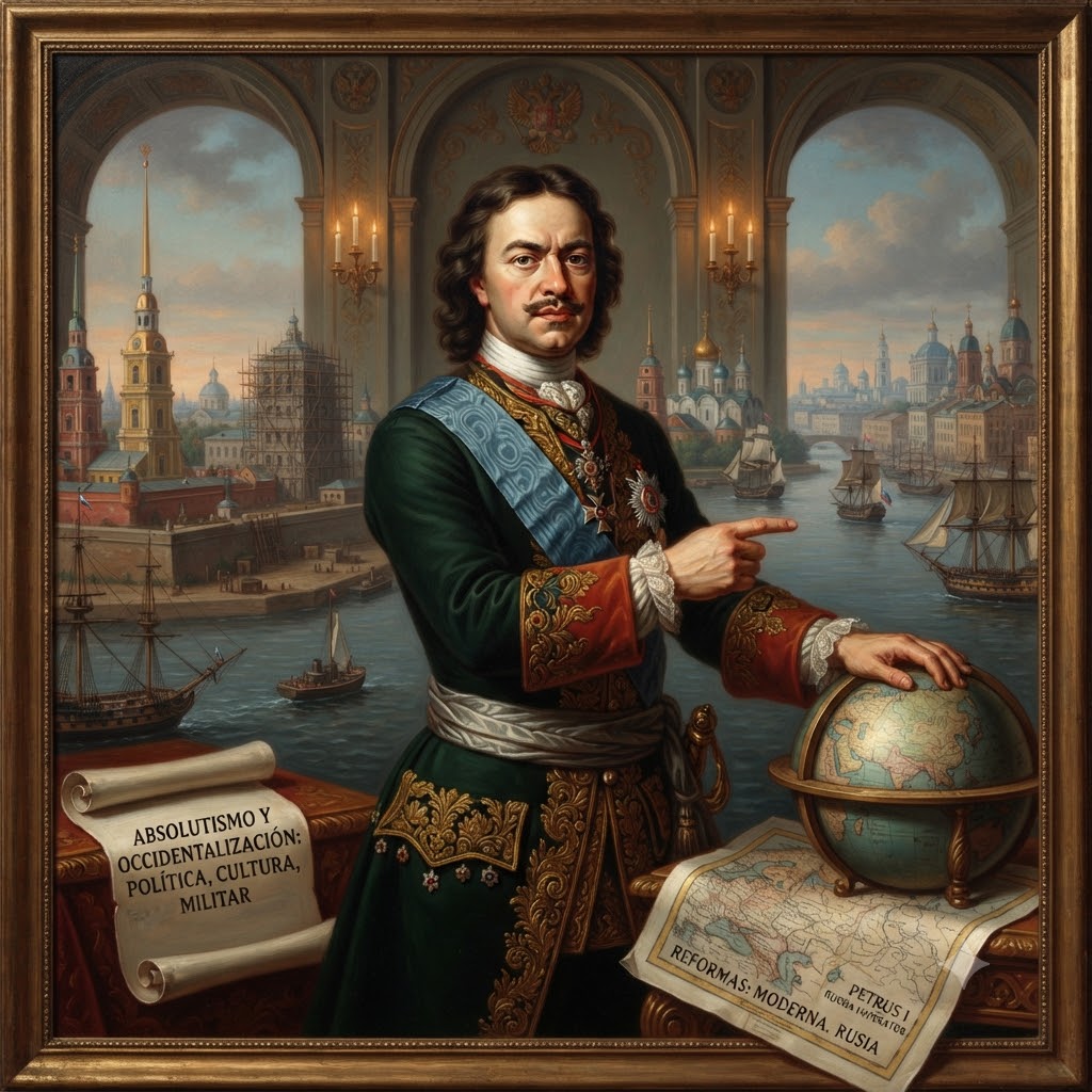 Retrato de Pedro el Grande en uniforme, señalando hacia un fondo que combina arquitectura rusa y europea con barcos. Incluye dos pergaminos: uno con el texto "ABSOLUTISMO Y OCCIDENTALIZACIÓN: POLÍTICA, CULTURA, MILITAR" y otro con "REFORMAS: MODERNA. RUSIA".