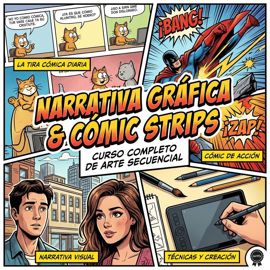 Portada estilo cómic. Título: 'NARRATIVA GRÁFICA & CÓMIC STRIPS. CURSO COMPLETO DE ARTE SECUENCIAL'. Incluye 4 viñetas: una tira de animales, un superhéroe en acción, dos personas en la ciudad y una mano dibujando en una tableta gráfica digital.