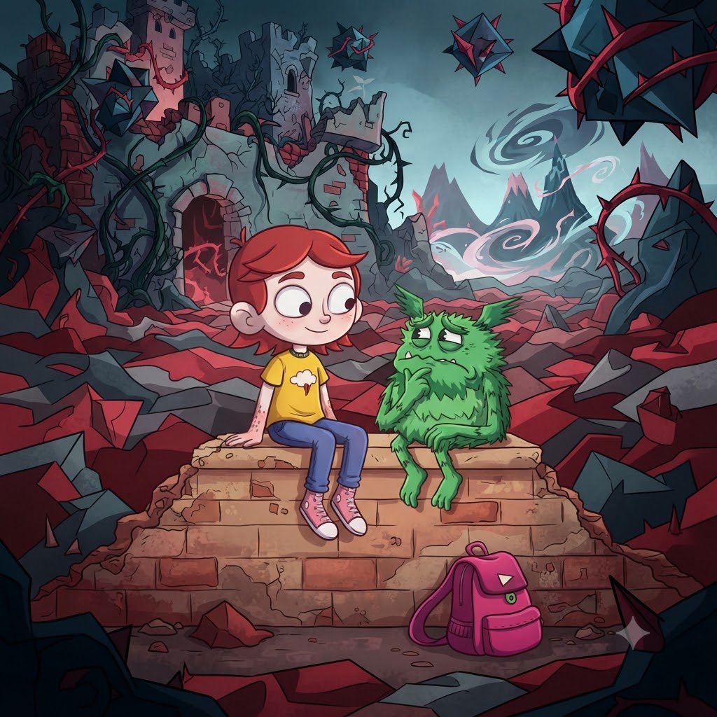 Ilustración cuadrada de aventuras infantiles: una niña pelirroja y un monstruo verde peludo sentados sobre un muro de ladrillos en ruinas. Al fondo, un paisaje de montañas oscuras, espinas y formaciones rocosas. Una mochila rosa descansa en el suelo.