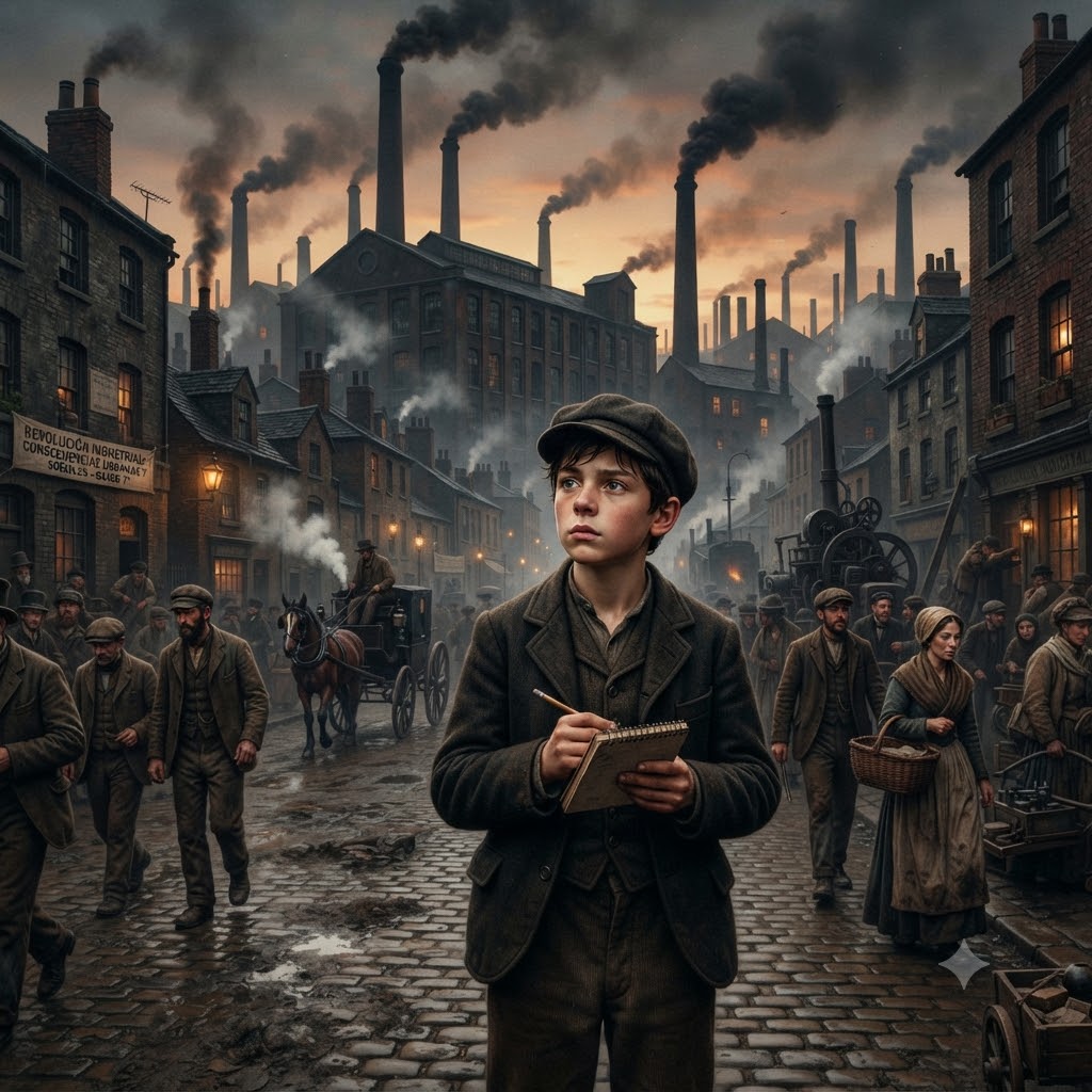 Una vista atmosférica de una calle de la Revolución Industrial. Un niño de 12 años en primer plano, con gorra y libreta, observa el entorno. El fondo está dominado por una fábrica con numerosas chimeneas arrojando humo oscuro. Multitud de trabajadores vestidos de época, adoquines y un carruaje completan la escena urbana.