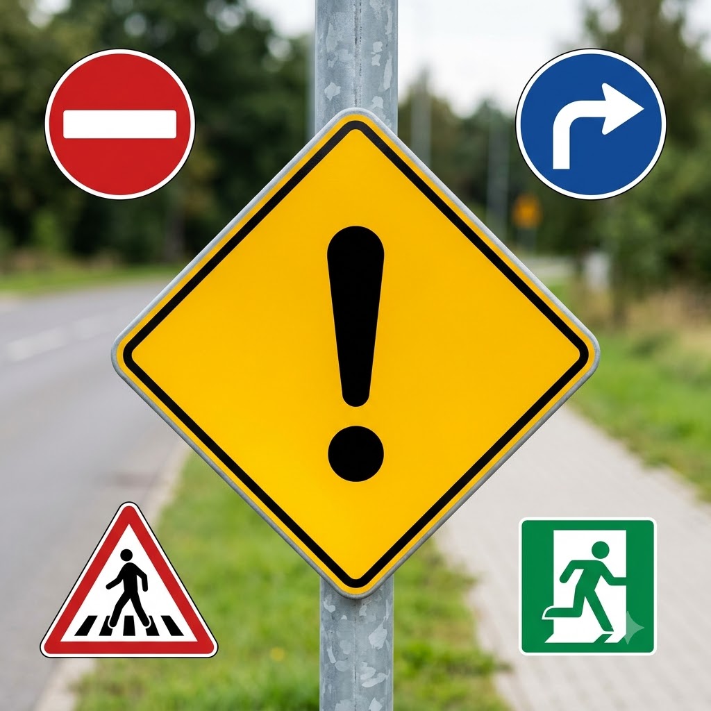 Señal amarilla de advertencia con exclamación negra en el centro. Alrededor hay cuatro señales: prohibido el paso (círculo rojo), giro a la derecha (círculo azul), paso de peatones (triángulo rojo) y salida de emergencia (cuadrado verde). Fondo de calle desenfocado.