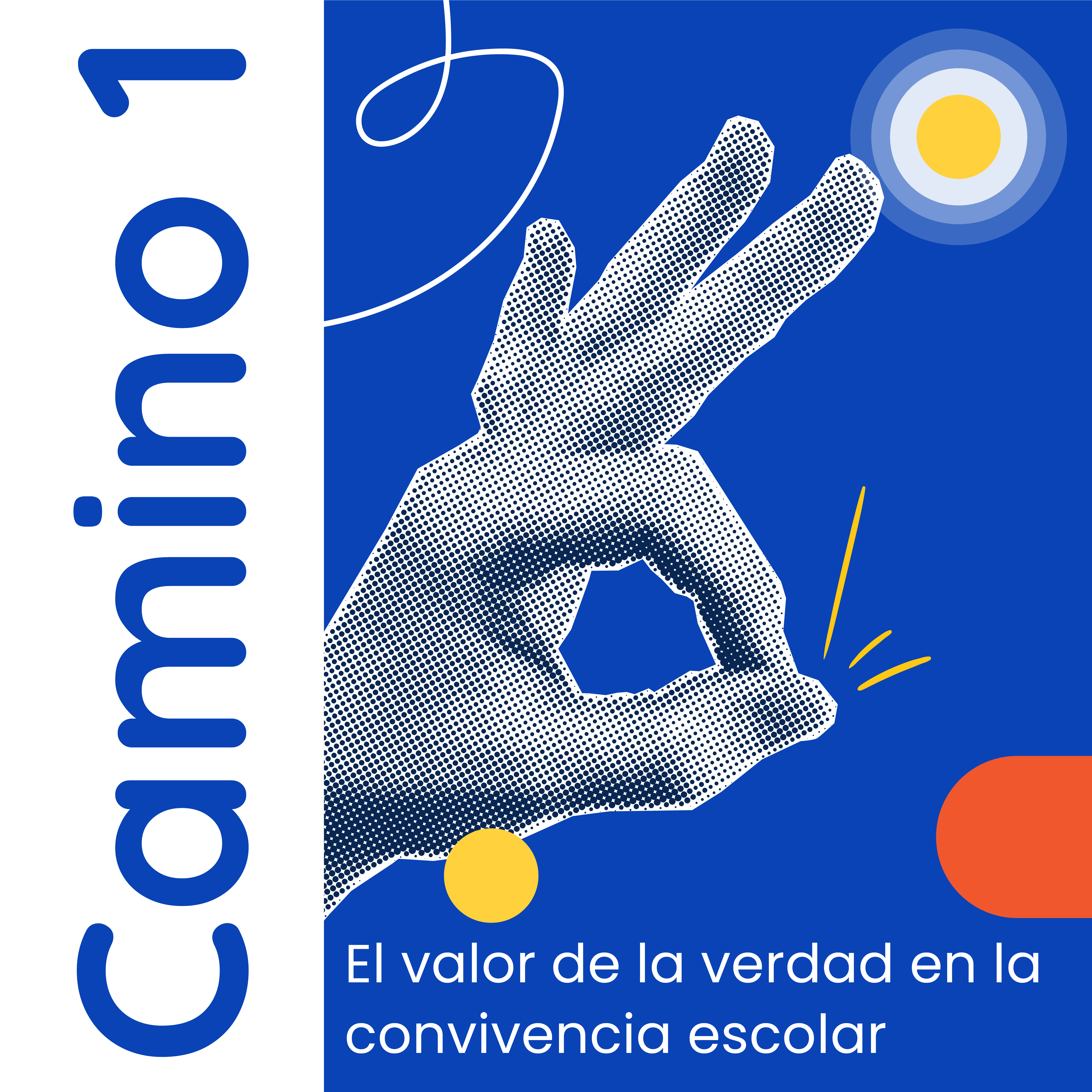 Fondo azul, figuras decorativas, mano haciendo gesto, título del recurso
