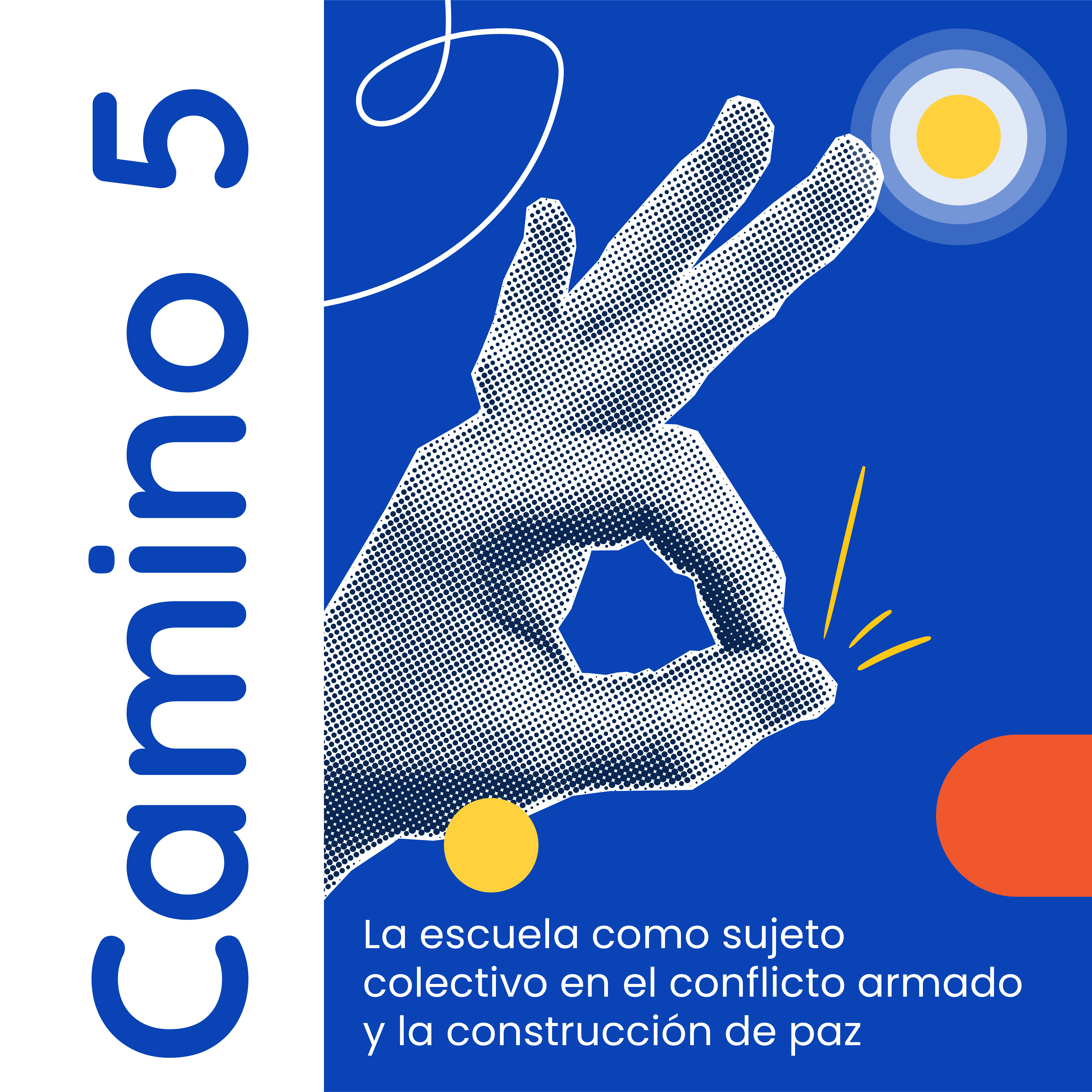 Fondo blanco con título alineado a la izquierda con rotación de 90 grados y la inscripción "Camino 5". A la derecha en fondo azul resalta la ilustración de una mano haciendo el símbolo de "Ok" con los dedos índice y pulgar formando una "o" y los demás dedos extendidos.
