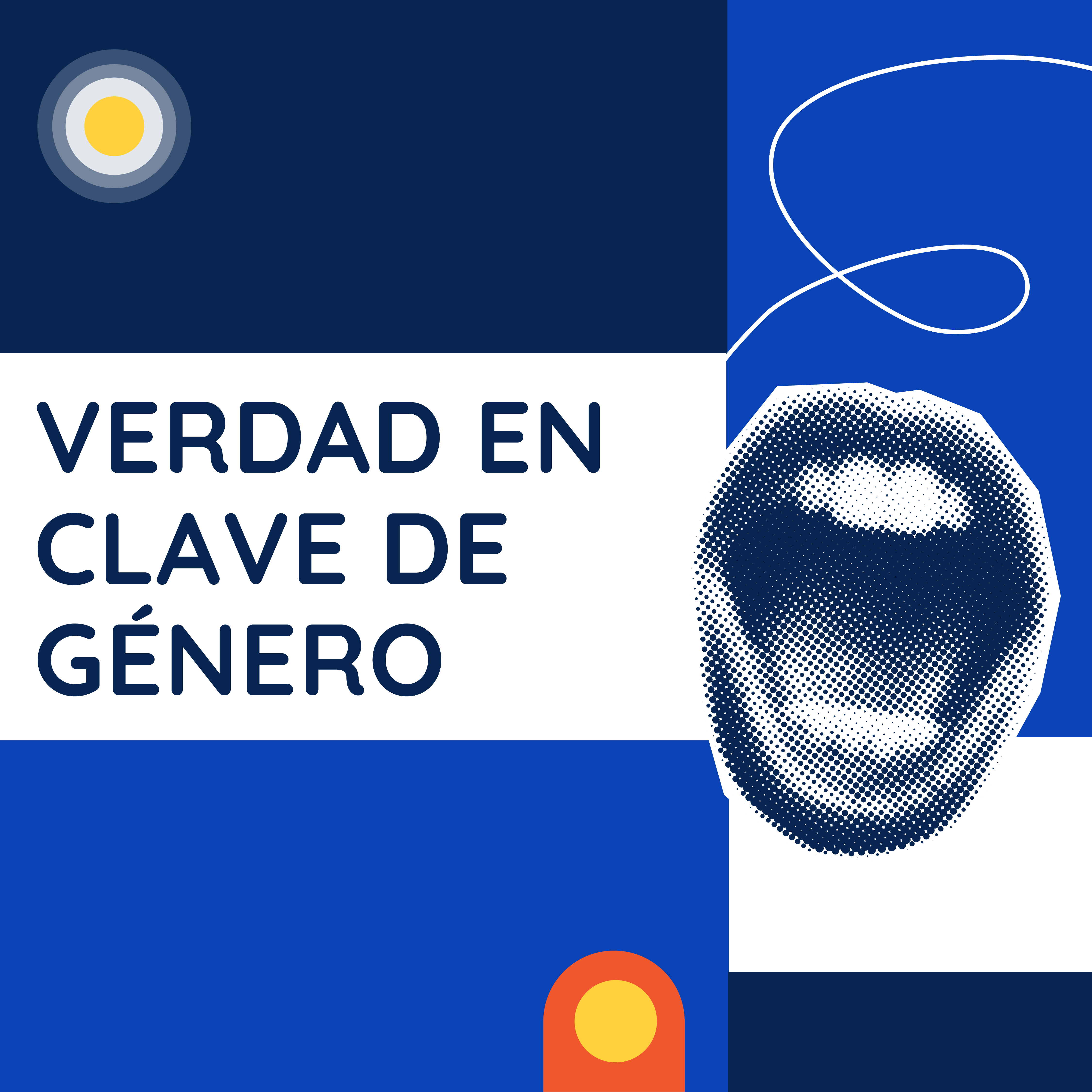 Portada de "Verdad en clave de género", con bloques geométricos en azul y una forma orgánica en semitono sobre fondo blanco. En las esquinas, círculos concéntricos y un semicírculo naranja con centro amarillo.