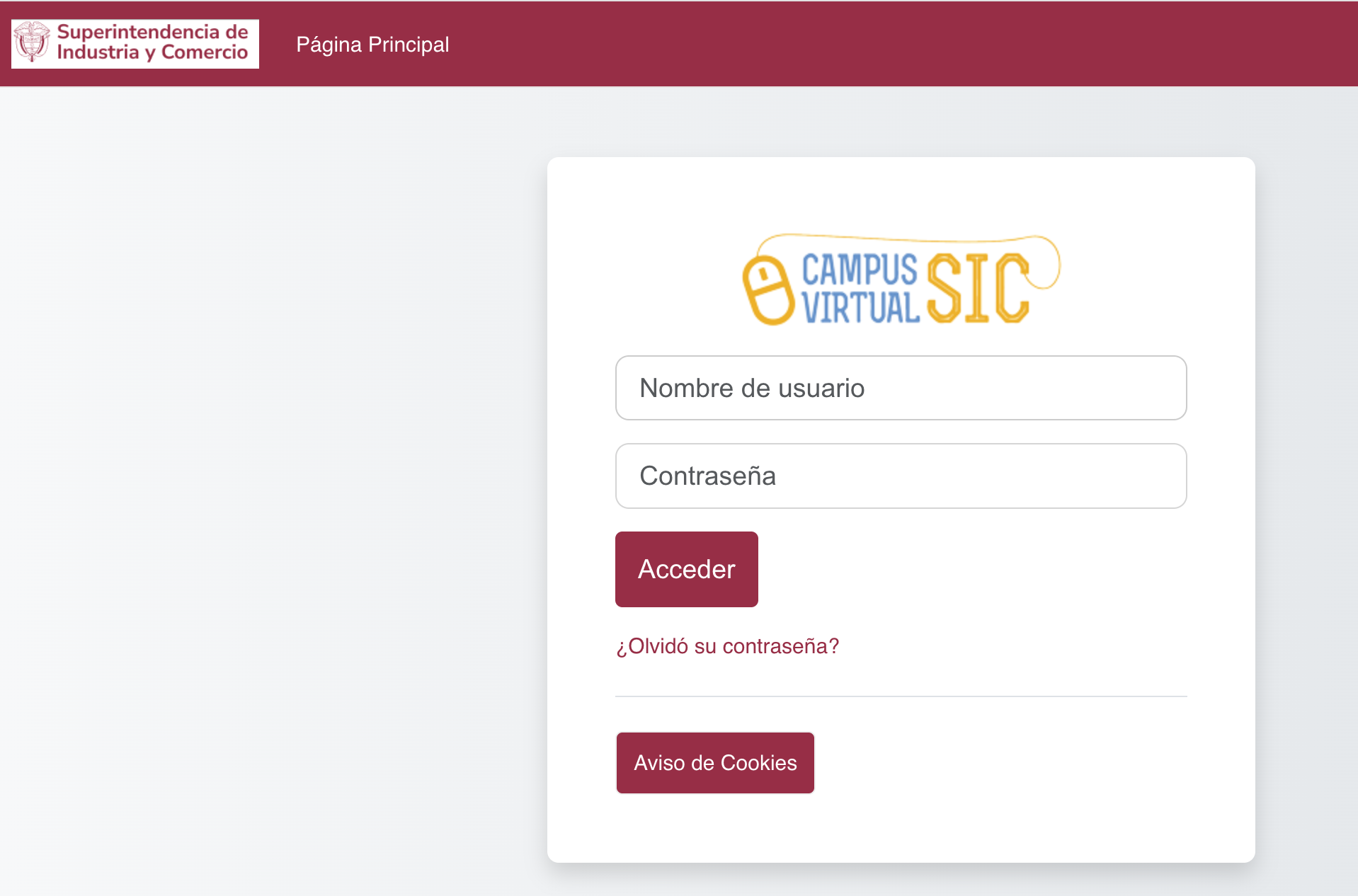 Imagen del portal de entrada al campus virtual de la Superintendencia de Industria y Comercio