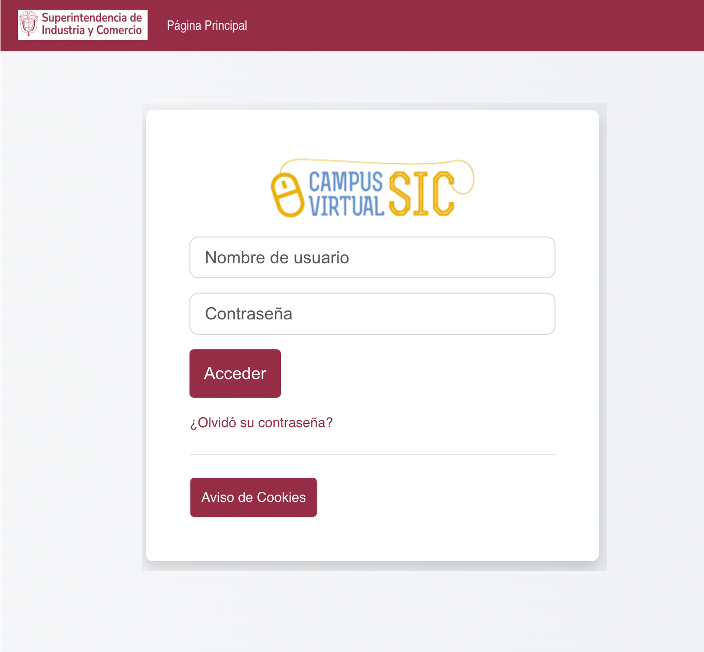 Imagen del portal de entrada al campus virtual de la Superintendencia de Industria y Comercio