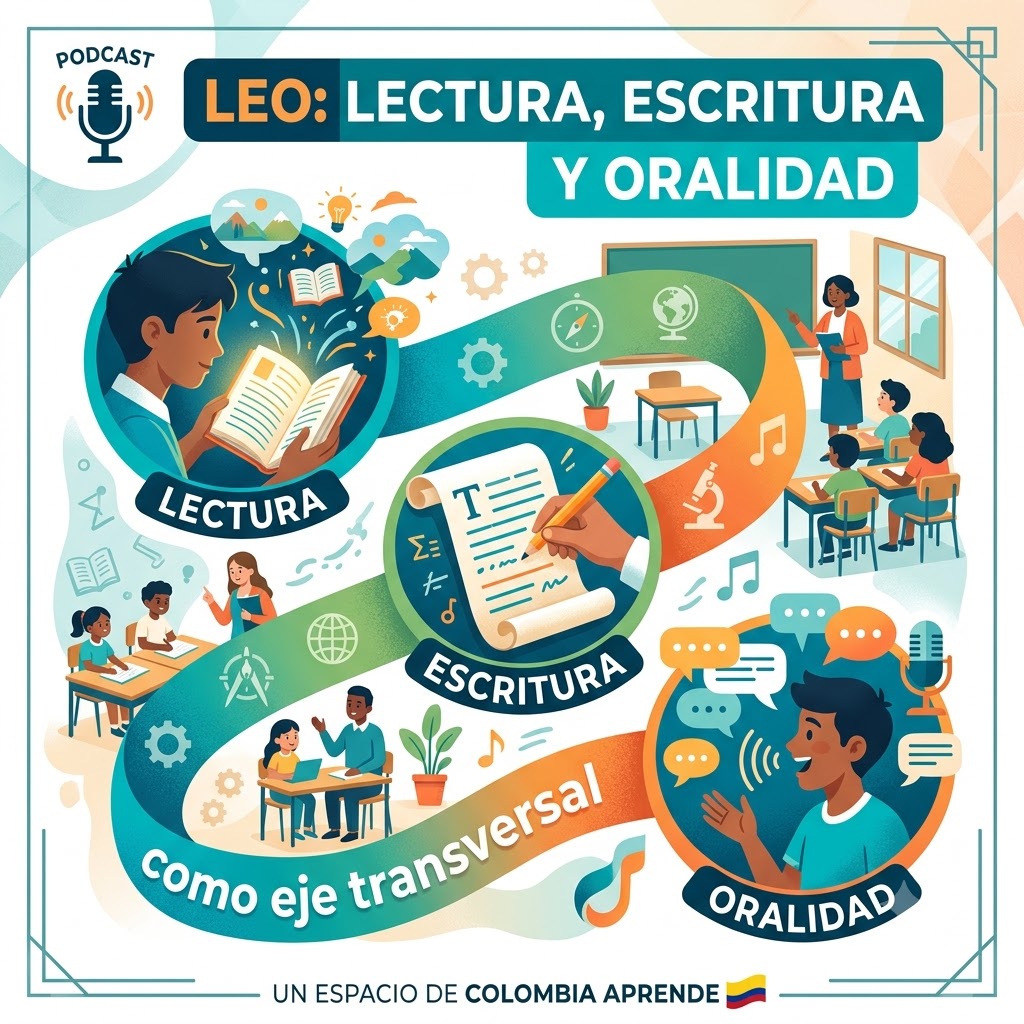 Ilustra un camino conectando 3 círculos: un joven leyendo un libro luminoso, una mano escribiendo y un niño hablando. De fondo hay escenas de estudiantes y una maestra en un aula.