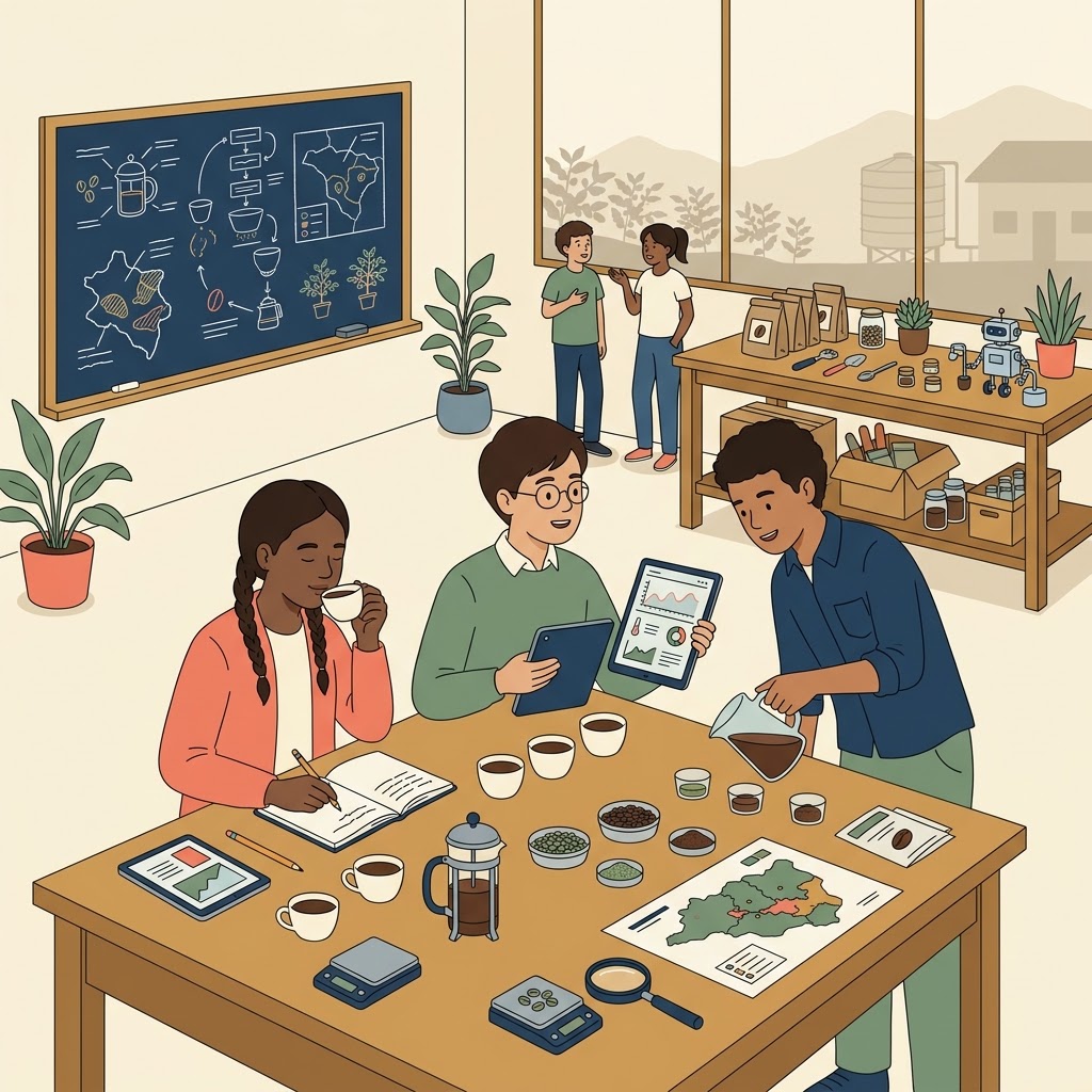 Ilustración de jóvenes en un taller escolar catando café y analizando mapas y datos en una mesa. Una joven toma notas, otro muestra una tableta y un tercero sirve café. Al fondo se ve una pizarra con el proceso del café, una mesa con muestras y un robot, y una ventana al campo.