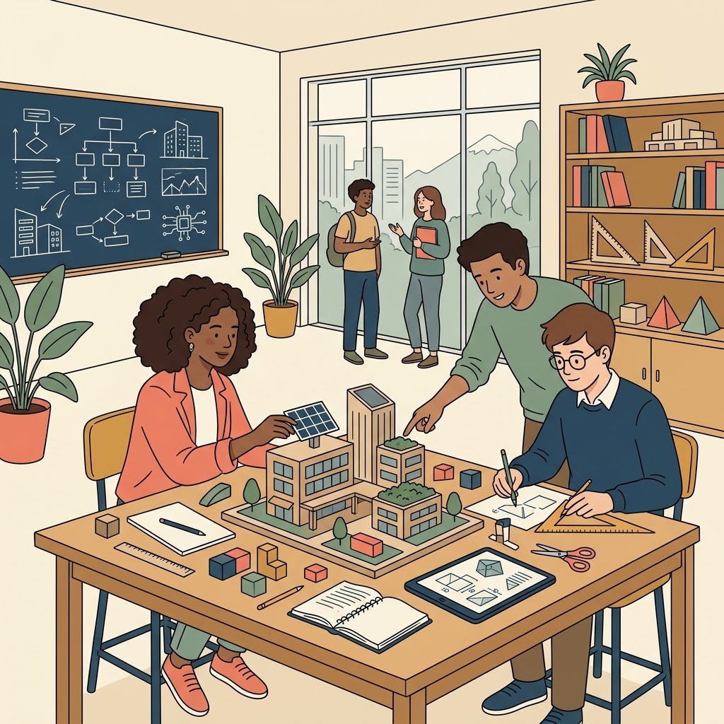 Ilustración plana de jóvenes en un "ArquiLab AURA" colaborando en una mesa con una maqueta de edificios sostenibles. Una estudiante coloca un panel solar mientras otros dibujan planos y consultan una tableta. Al fondo, una pizarra con esquemas, estantería con libros y una gran ventana.