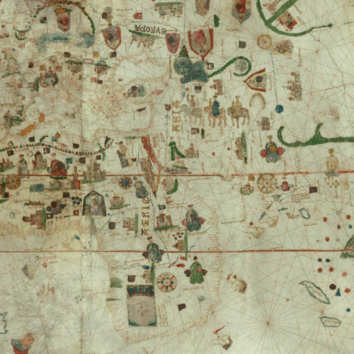 Mapa antiguo detallado con Europa, Asia, figuras, animales y símbolos heráldicos.