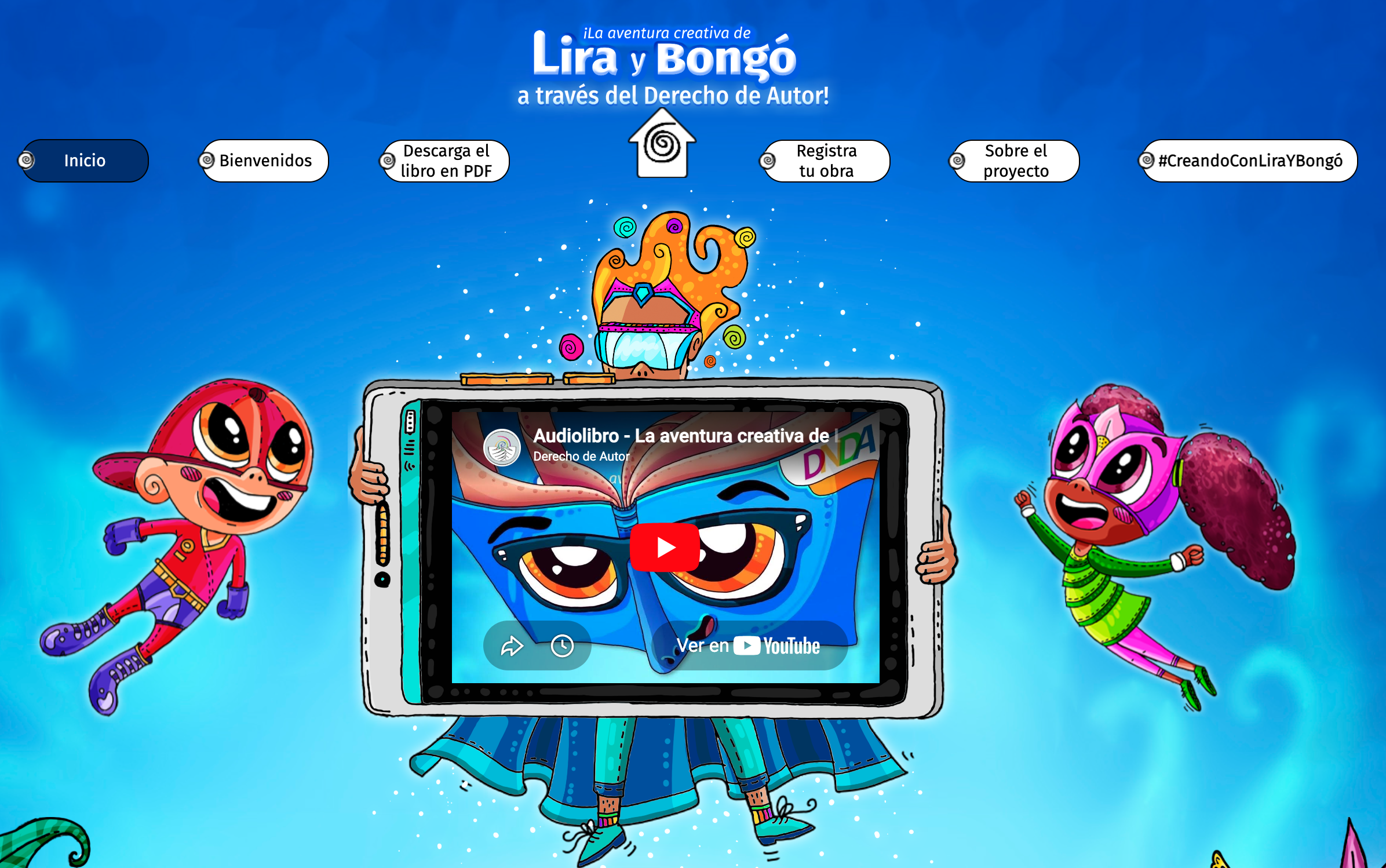 Pantalla de inicio de la página web del recurso, dos personajes flotando alrededor de una pantalla de tablet