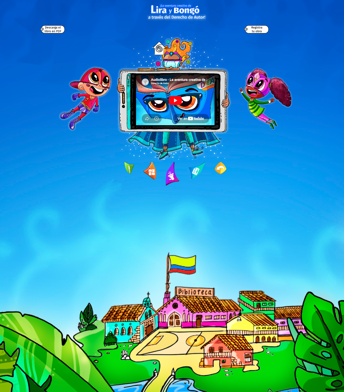 Pantalla de inicio de la página web del recurso, dos personajes flotando alrededor de una pantalla de tablet