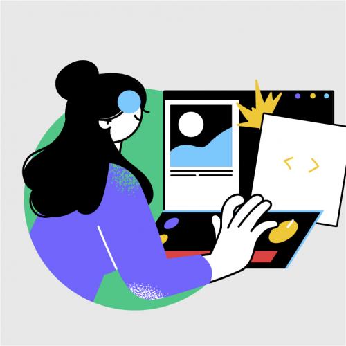 ilustración de una joven de blusa azul trabajando en un PC