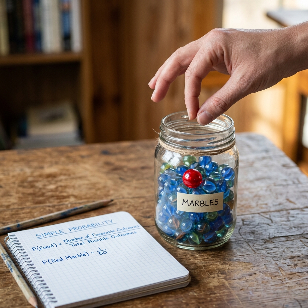 Frasco de vidrio con canicas mayormente azules y una sola canica roja destacada sobre un escritorio de madera. Una mano se acerca para extraer una canica, mientras a un lado un cuaderno muestra la fórmula matemática de la probabilidad simple.