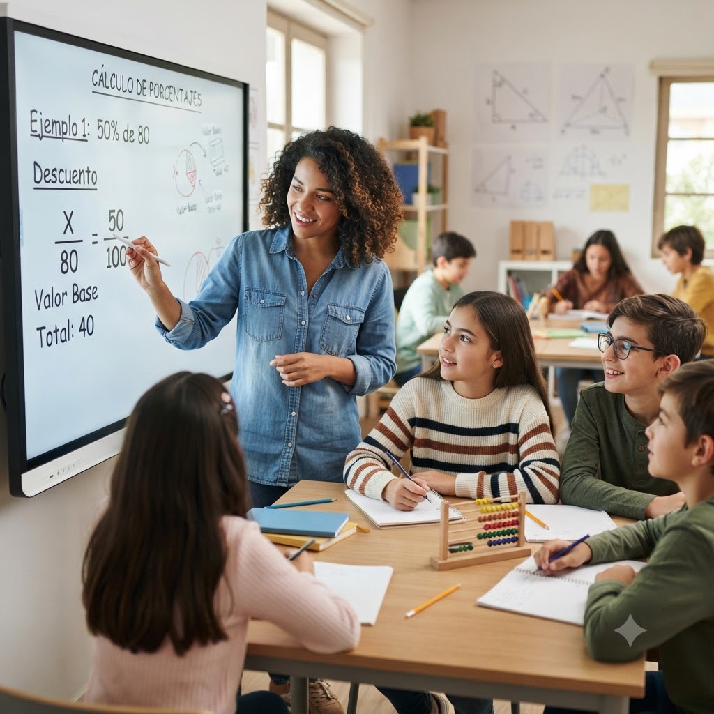 En un aula, una profesora de cabello rizado explica el cálculo de porcentajes en una pizarra digital a cuatro alumnos sentados a una mesa. La pantalla muestra el ejemplo: "50% de 80 = 40". Un ábaco y cuadernos están sobre la mesa. Otros estudiantes trabajan al fondo.