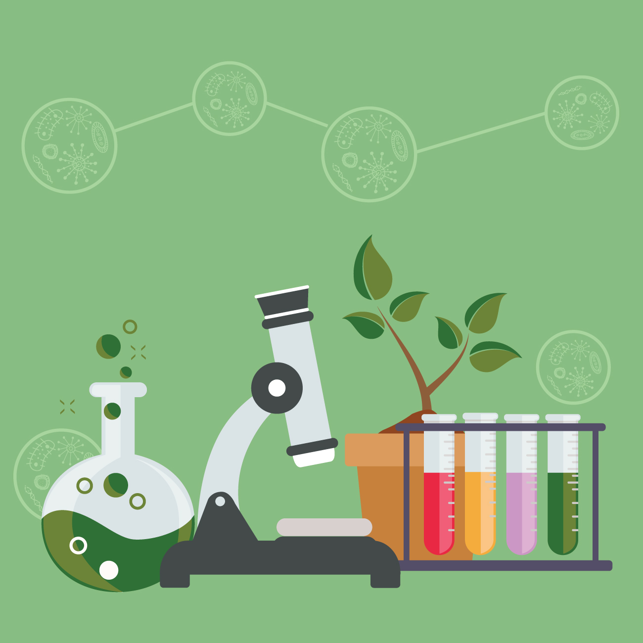 Ilustración de color verde donde aparecen pipetas de laboratorio, un microscopio, una planta y tubos de ensayo con liquidos de colores.