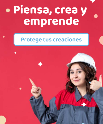 mujer con oberol y casco blanco de construcción señalando con sus brazos un texto que dice Piensa, crea y emprende