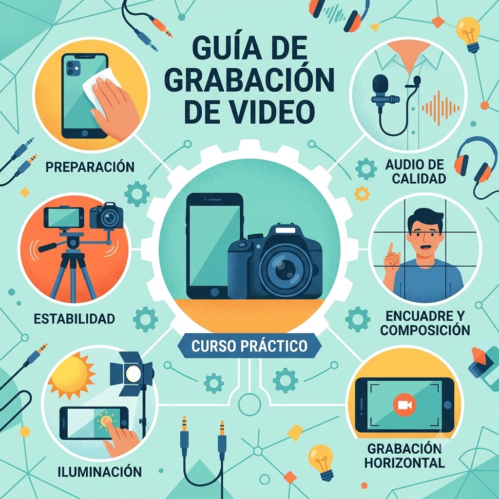 Guía de Grabación de Video". Al centro: cámara y celular. Alrededor, 6 íconos ilustrados: Preparación (limpiando lente), Audio (micrófono), Encuadre (regla de tercios), Grabación Horizontal (celular apaisado), Iluminación (luces) y Estabilidad (trípode).