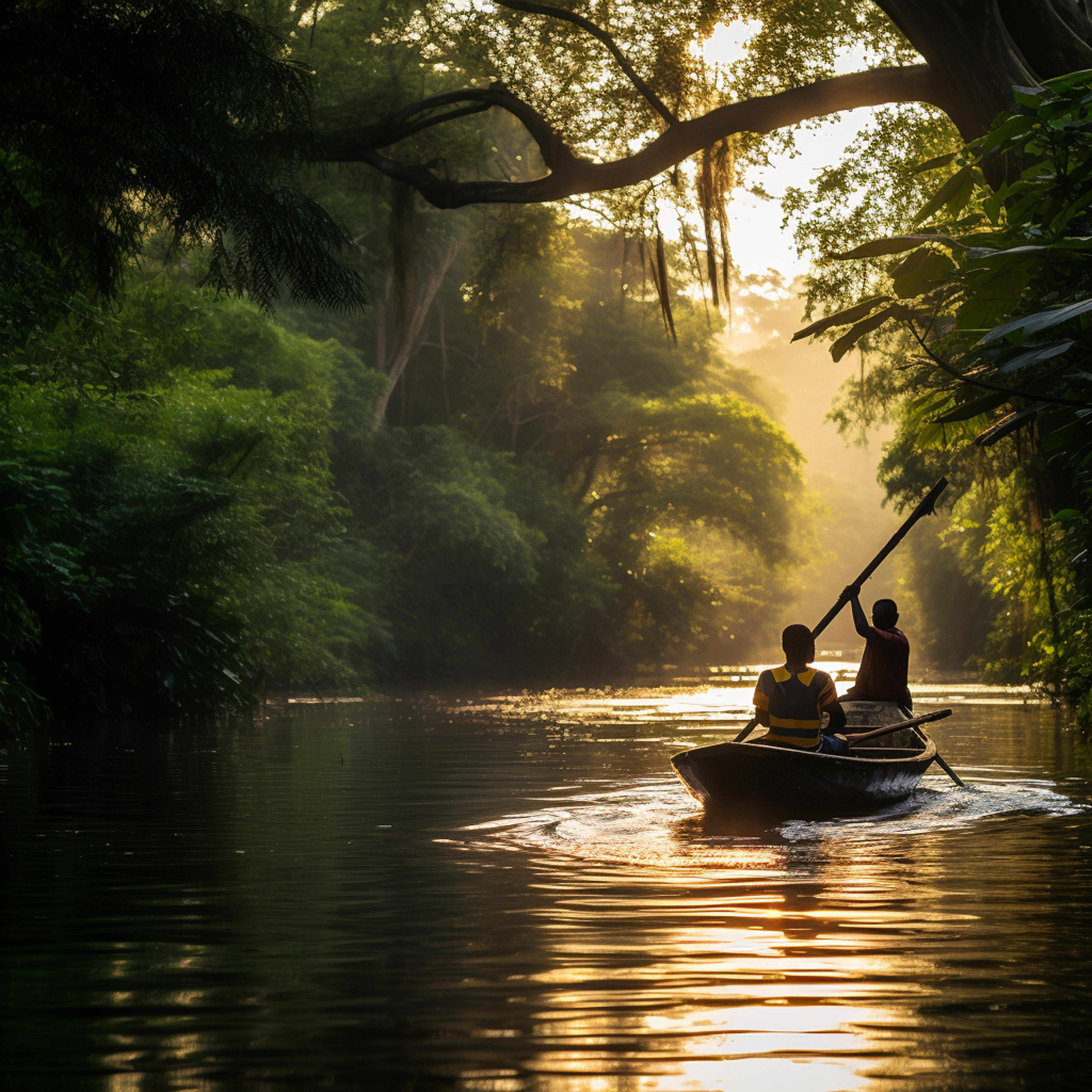 Dos personas navegando por el río, sobre una barca, al rededor se ve bastante flora. Se refleja la luz del sol sobre el agua del río.