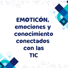 Diseño gráfico que dice "EMOTICÓN, emociones y conocimiento conectados con las TIC" en letras azules grandes y oscuras. Hay elementos geométricos de colores azul claro y azul oscuro dispersos en las esquinas de la imagen.