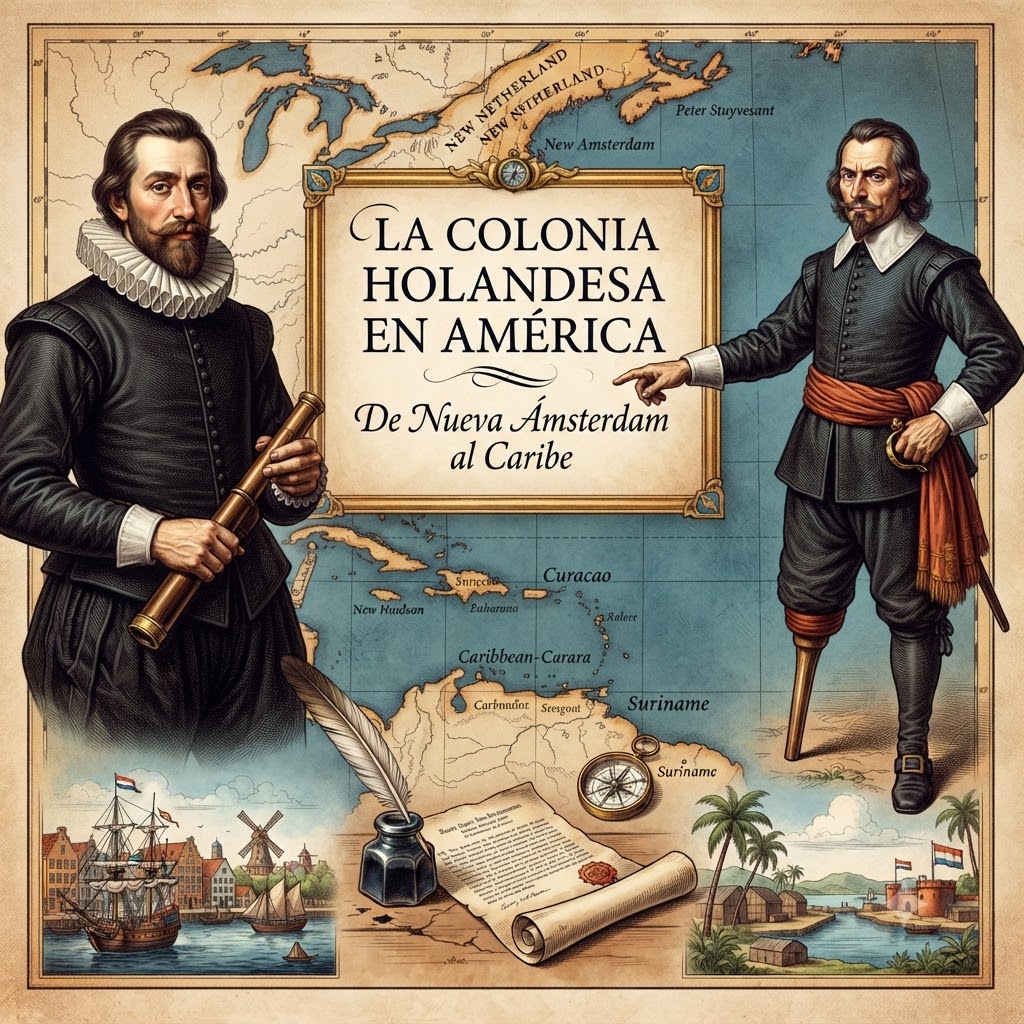Ilustración histórica sobre la colonia holandesa. Incluye un mapa de América y retratos de Henry Hudson y Peter Stuyvesant (con pierna de palo). Muestra escenas de Nueva Ámsterdam y el Caribe, con un tintero y pergamino. Texto: "LA COLONIA HOLANDESA EN AMÉRICA. De Nueva Ámsterdam al Caribe".