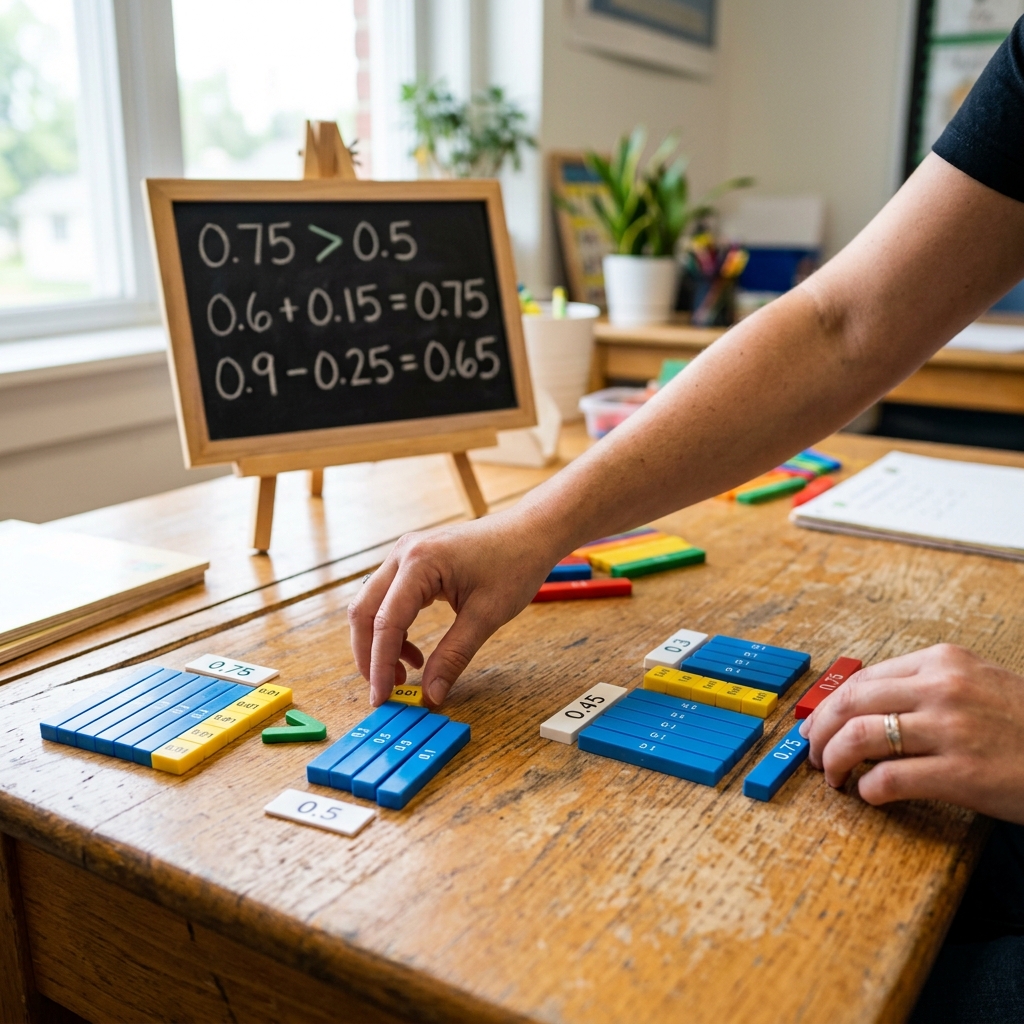 Manos acomodan bloques y fichas matemáticas de colores en un escritorio, representando decimales como 0.75 y 0.5. Al fondo, una pequeña pizarra muestra sumas y comparaciones decimales escritas a tiza. Un espacio de aprendizaje interactivo y luminoso..
