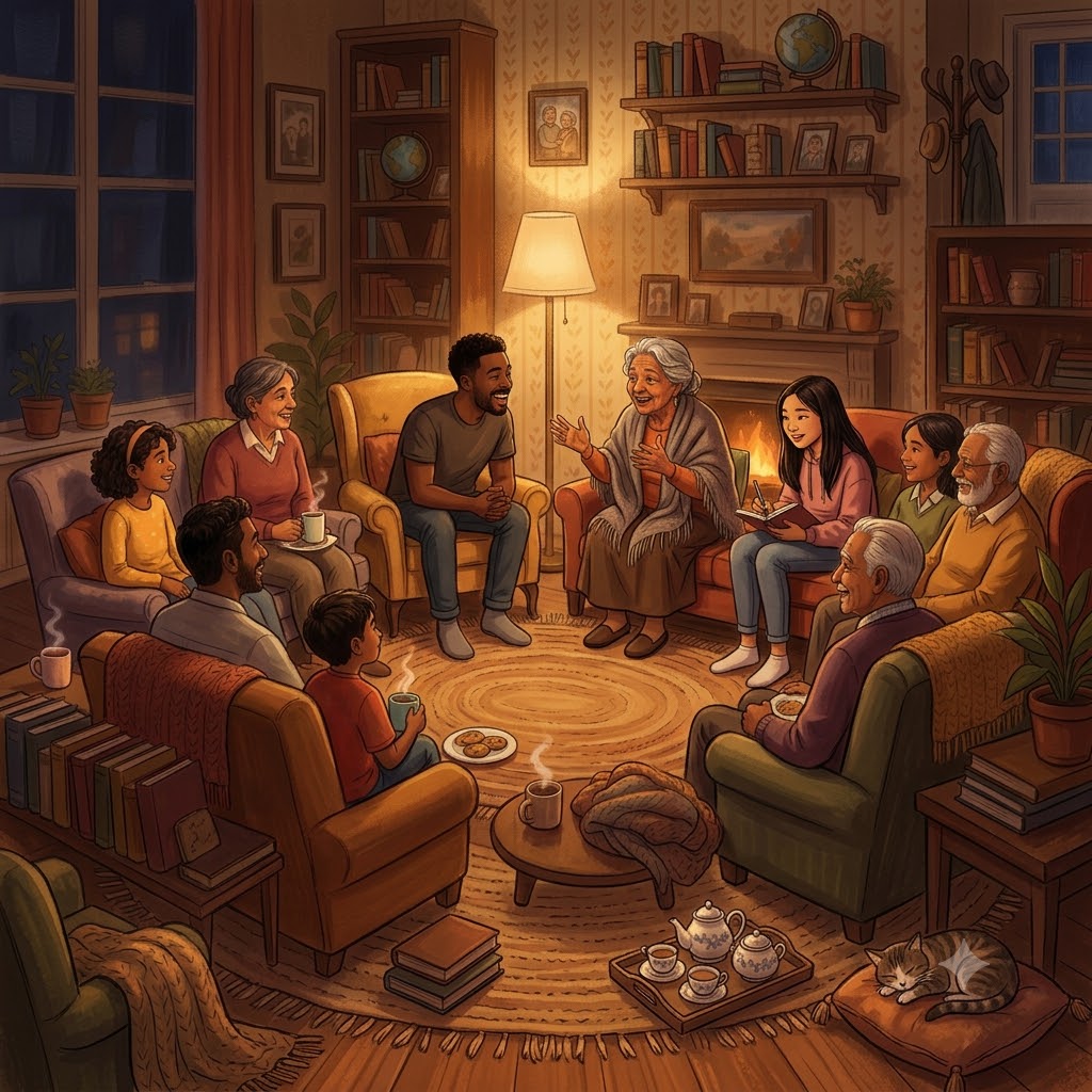 Ilustración de un grupo diverso de personas de varias edades sentadas en círculo en una sala cálida con libros y chimenea. Una mujer mayor narra historias mientras niños, jóvenes y adultos escuchan, sonríen y toman notas. Hay tazas de café y galletas. Representa la tradición oral comunitaria.