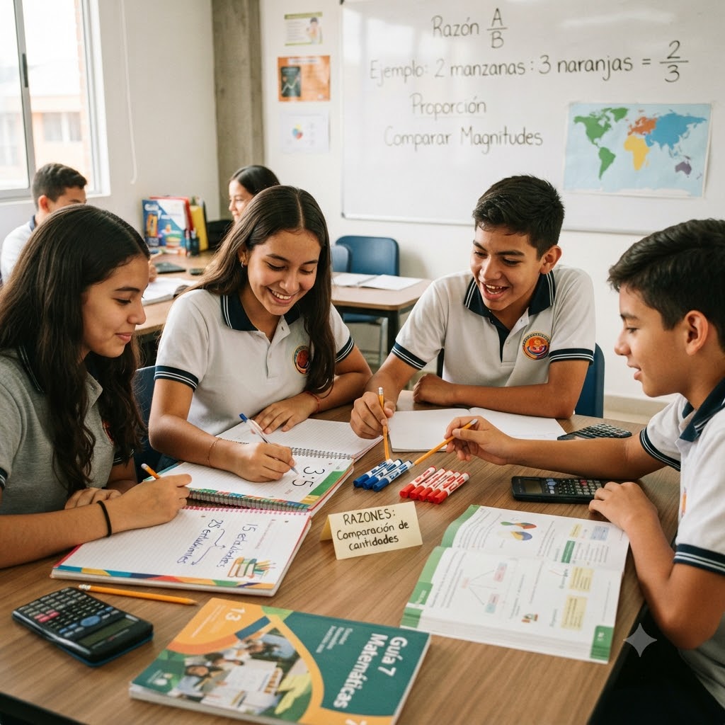 Cuatro estudiantes de secundaria uniformados colaboran en una mesa redonda sobre el tema "RAZONES: Comparación de cantidades". Usan calculadoras, cuadernos con texto legible y marcadores de colores. Al fondo, una pizarra muestra fórmulas y el mapa de Colombia. Ambiente educativo y dinámico.