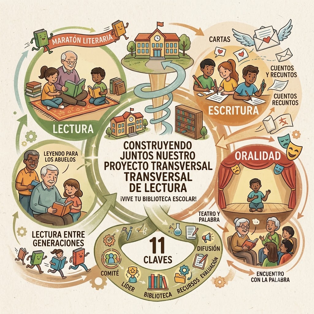 Infografía circular: "Proyecto Transversal de Lectura". Centro: título y "11 claves" con íconos organizativos. Conectadas por flechas, tres áreas ilustradas: "Lectura" (abuelo leyendo a niños), "Escritura" (niños redactando) y "Oralidad" (niño en teatro y abuelos relatando).