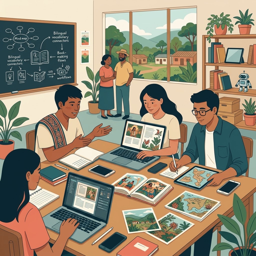 Ilustración de personas en un aula trabajando en portátiles y tabletas en libros digitales bilingües. Uno, con atuendo tradicional, conversa con una joven frente a un portátil. Sobre la mesa hay libros, mapas e ilustraciones. Al fondo, una pizarra con esquemas, estantería y una ventana.