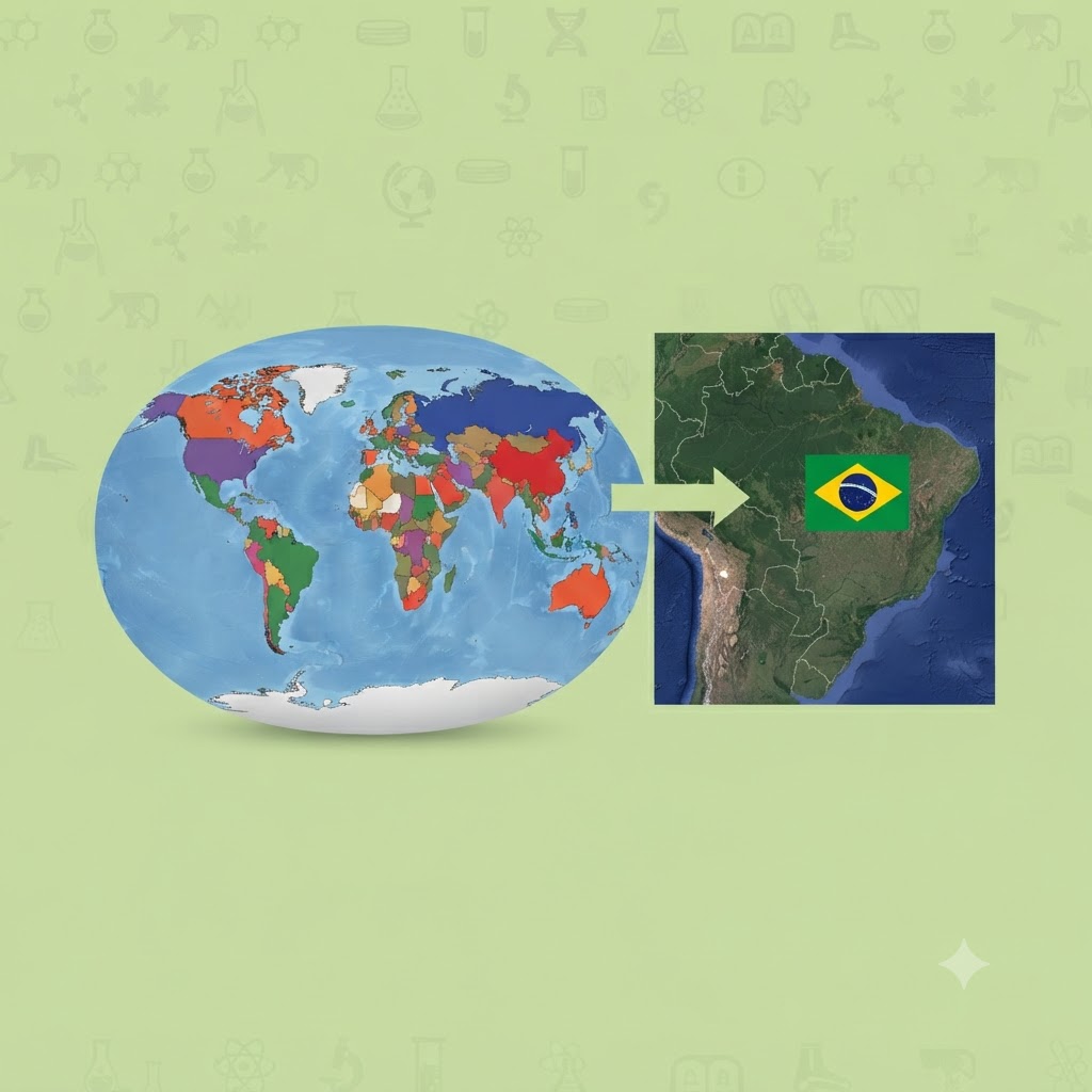 Imagen cuadrada con fondo verde claro y sutiles iconos científicos. Muestra un mapamundi plano a la izquierda y una flecha verde que apunta hacia un mapa detallado de Sudamérica con la bandera de Brasil resaltada, ilustrando la Cumbre de la Tierra en Río de Janeiro.