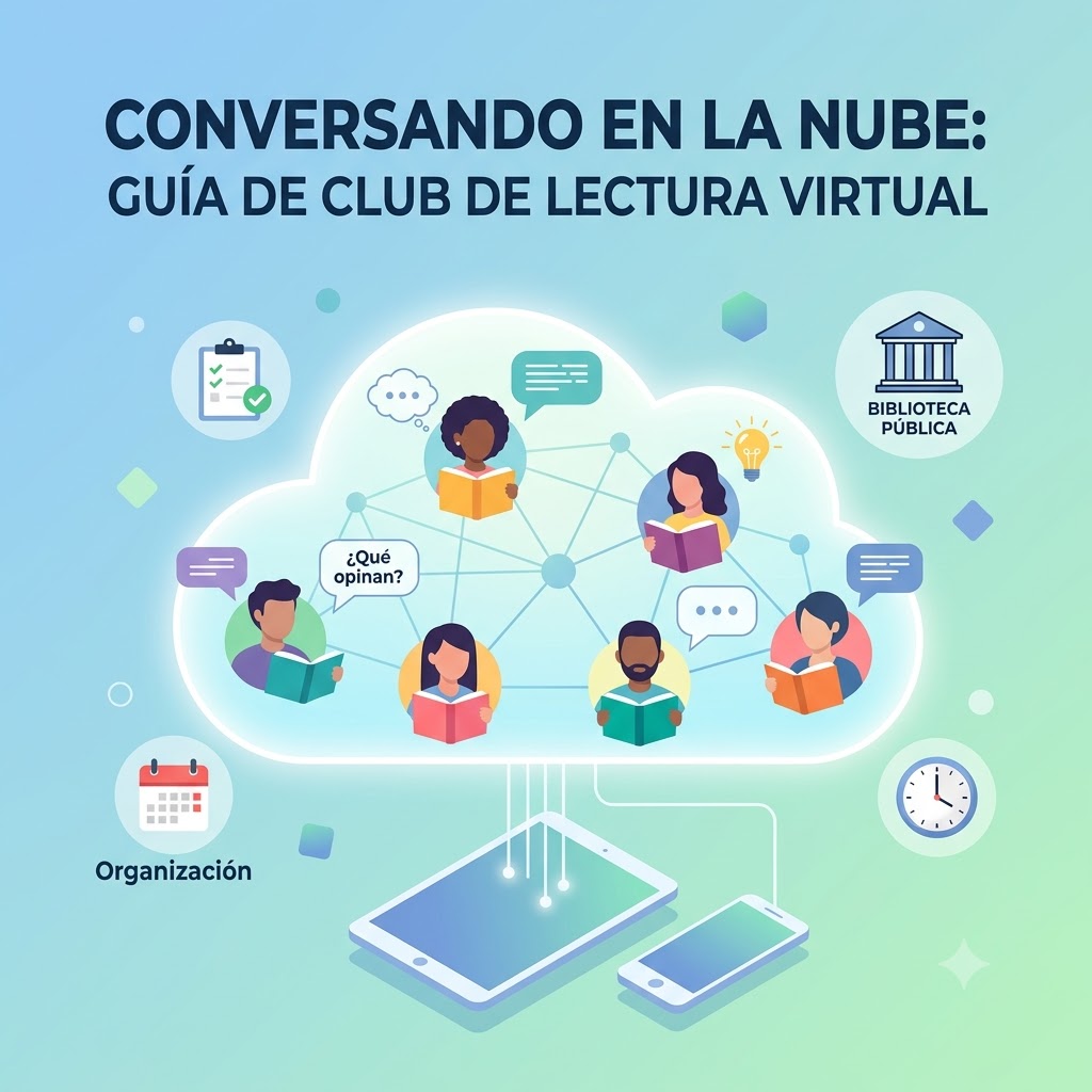 Una nube central interconecta avatares diversos leyendo y dialogando. Debajo, una tableta y celular conectados a la nube. Alrededor hay iconos: checklist, biblioteca pública, calendario de organización y reloj.