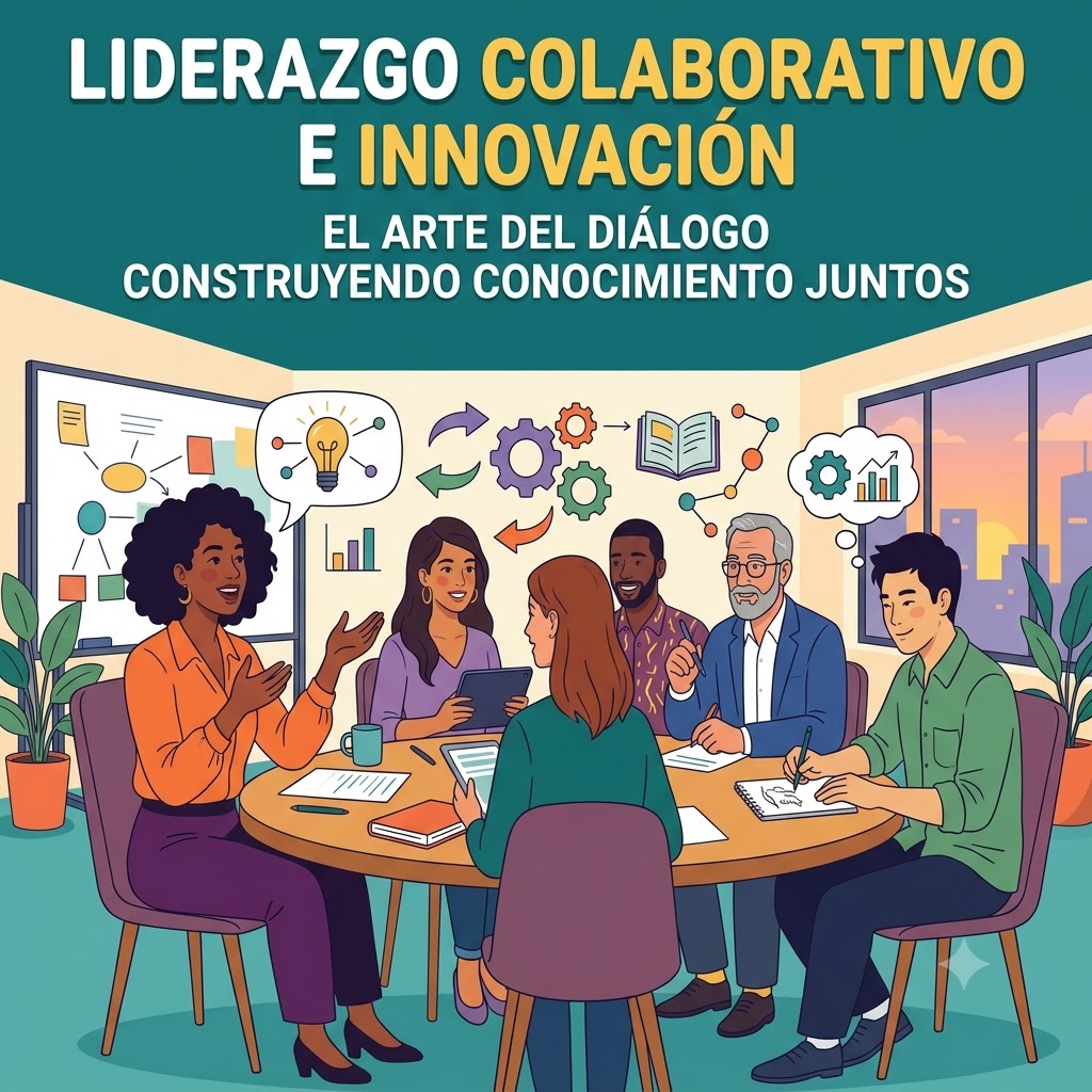 Ilustración de un grupo diverso de 6 personas en una mesa redonda, dialogando y compartiendo ideas con libretas y tablets. Texto superior: "LIDERAZGO COLABORATIVO E INNOVACIÓN. EL ARTE DEL DIÁLOGO CONSTRUYENDO CONOCIMIENTO JUNTOS". De fondo, una pizarra con esquemas, un bombillo y engranajes.