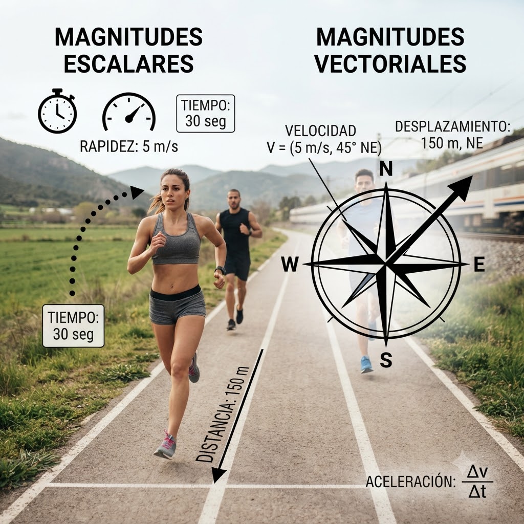 Imagen comparativa sobre magnitudes físicas. A la izquierda, "MAGNITUDES ESCALARES" con iconos de cronómetro y velocímetro mostrando "RAPIDEZ: 5 m/s" y "TIEMPO: 30 seg". A la derecha, "MAGNITUDES VECTORIALES" sobre una pista de atletismo con corredores y una brújula, indicando "VELOCIDAD: V=(5 m/s, 45° NE)", "DESPLAZAMIENTO: 150 m, NE" y "ACELERACIÓN: Δv/Δt". Un marcador señala "DISTANCIA: 150 m".