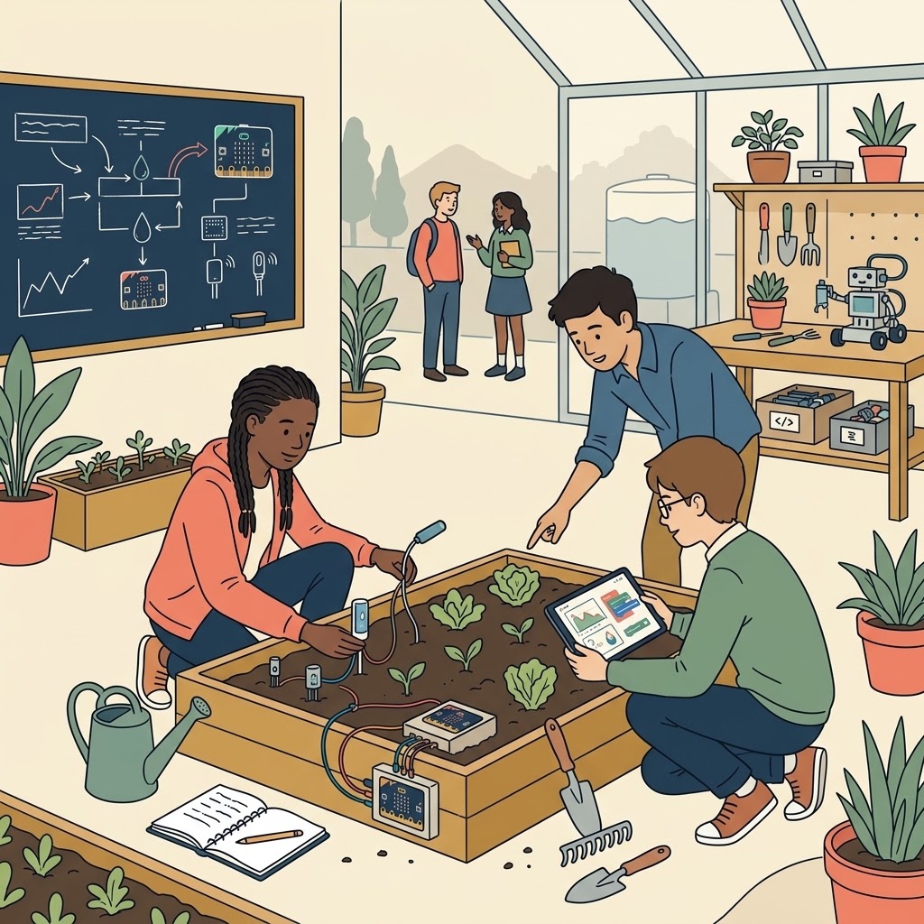 Ilustración plana de dos jóvenes en una huerta escolar rural conectando cables a un sistema de riego con tecnología IoT, mientras uno consulta datos en una tableta. Al fondo, un tanque de agua, cultivos y una escuela. En primer plano, sensores en la tierrau y herramientas.