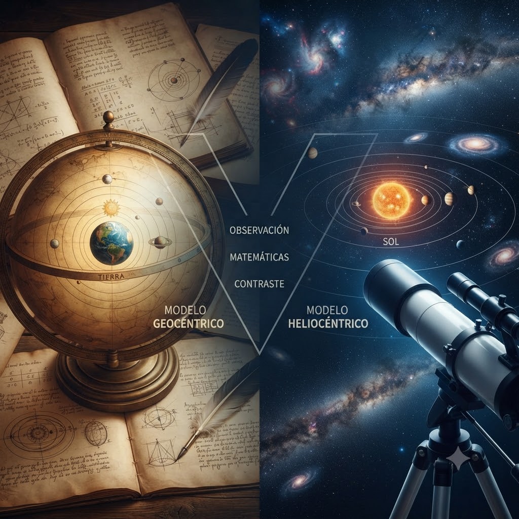 Imagen didáctica comparativa en dos mitades. Izquierda: globo terráqueo antiguo, libros de astronomía con fórmulas y pluma, textos "MODELO GEOCÉNTRICO" y "Tierra". Derecha: telescopio moderno, representación del sistema solar con órbitas y textos "MODELO HELIOCÉNTRICO" y "Sol". Al centro, un esquema en V conecta ambos mundos con las palabras: "OBSERVACIÓN", "MATEMÁTICAS" y "CONTRASTE". El fondo de la derecha es una galaxia.
